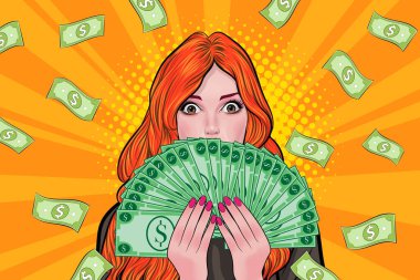 surprise business woman successful and shocking with Falling Money say WOW OMG Pop art retro comic style