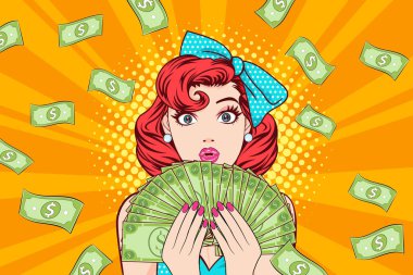 surprise business woman successful and shocking with Falling Money say WOW OMG Pop art retro comic style