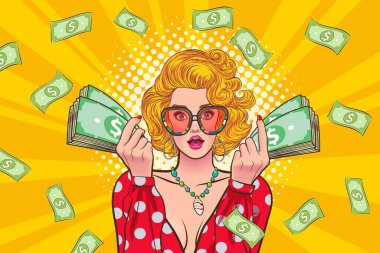 surprise business woman successful and shocking with Falling Money say WOW OMG Pop art retro comic style