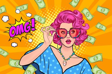 surprise business woman successful and shocking with Falling Money say WOW OMG Pop art retro comic style