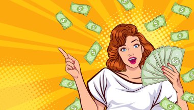 surprise business woman successful and shocking with Falling Money say WOW OMG Pop art retro comic style