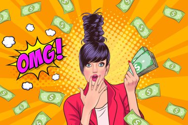 surprise business woman successful and shocking with Falling Money say WOW OMG Pop art retro comic style