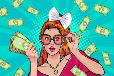 surprise business woman successful and shocking with Falling Money say WOW OMG Pop art retro comic style