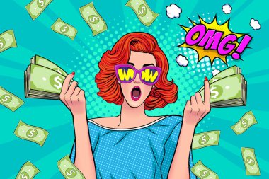 surprise business woman successful and shocking with Falling Money say WOW OMG Pop art retro comic style