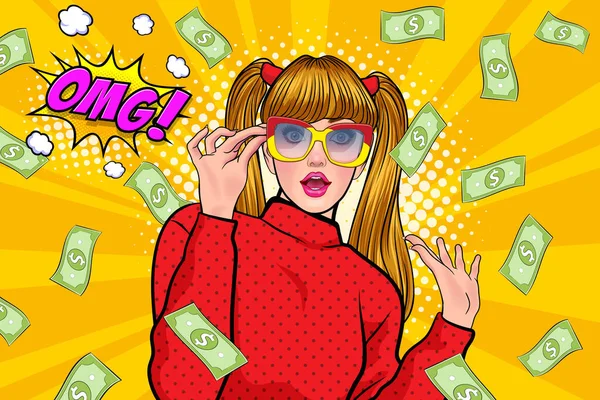 stock vector surprise business woman successful and shocking with Falling Money say WOW OMG Pop art retro comic style