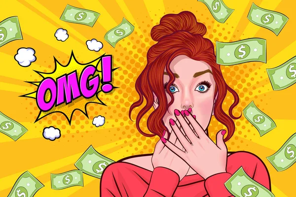 Surprise Business Woman Successful Shocking Falling Money Say Wow Omg — Archivo Imágenes Vectoriales