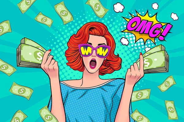 surprise business woman successful and shocking with Falling Money say WOW OMG Pop art retro comic style