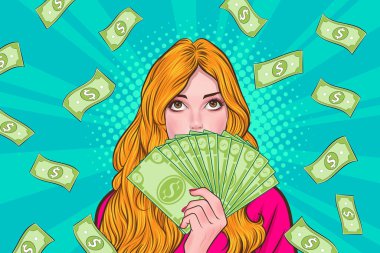 surprise business woman successful and shocking with Falling Money say WOW OMG Pop art retro comic style