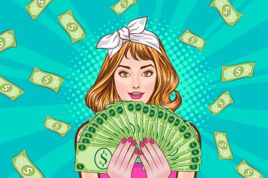 surprise business woman successful and shocking with Falling Money say WOW OMG Pop art retro comic style