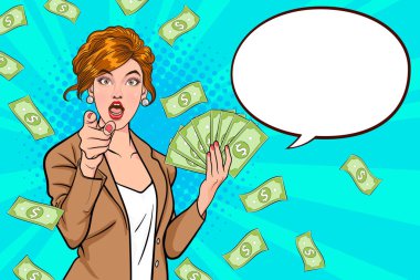 surprise business woman successful and shocking with Falling Money say WOW OMG Pop art retro comic style