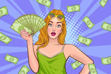 surprise business woman successful and shocking with Falling Money say WOW OMG Pop art retro comic style