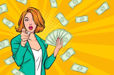 surprise business woman successful and shocking with Falling Money say WOW OMG Pop art retro comic style