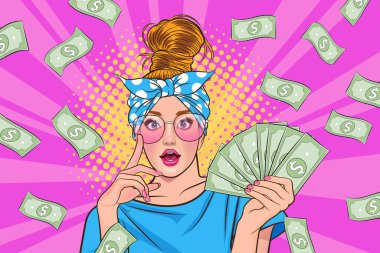 surprise business woman successful and shocking with Falling Money say WOW OMG Pop art retro comic style