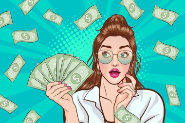 surprise business woman successful and shocking with Falling Money say WOW OMG Pop art retro comic style