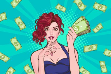 surprise business woman successful and shocking with Falling Money say WOW OMG Pop art retro comic style