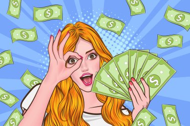 surprise business woman successful and shocking with Falling Money say WOW OMG Pop art retro comic style
