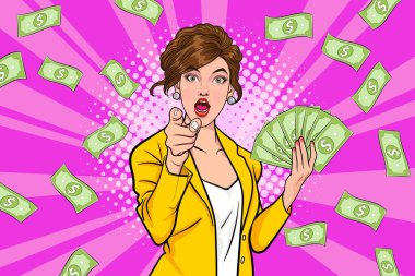 surprise business woman successful and shocking with Falling Money say WOW OMG Pop art retro comic style