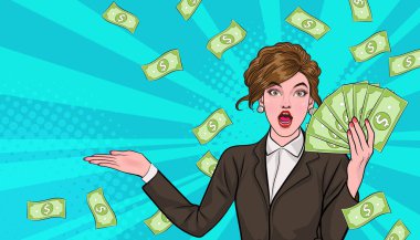 surprise business woman successful and shocking with Falling Money say WOW OMG Pop art retro comic style