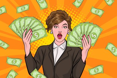 surprise business woman successful and shocking with Falling Money say WOW OMG Pop art retro comic style