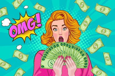 surprise business woman successful and shocking with Falling Money say WOW OMG Pop art retro comic style