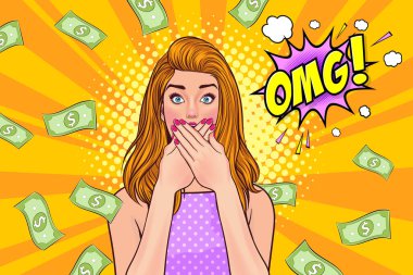 surprise business woman successful and shocking with Falling Money say WOW OMG Pop art retro comic style