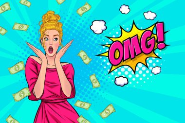 surprise business woman successful and shocking with Falling Money say WOW OMG Pop art retro comic style