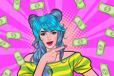surprise business woman successful and shocking with Falling Money say WOW OMG Pop art retro comic style