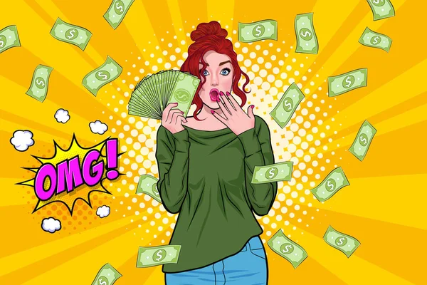 Surprise Business Woman Successful Shocking Falling Money Say Wow Omg — Stok Vektör