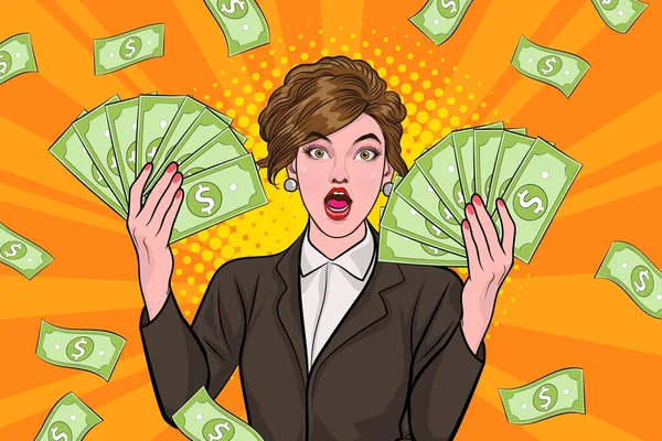 Surprise Business Woman Successful Shocking Falling Money Say Wow Omg — 스톡 벡터