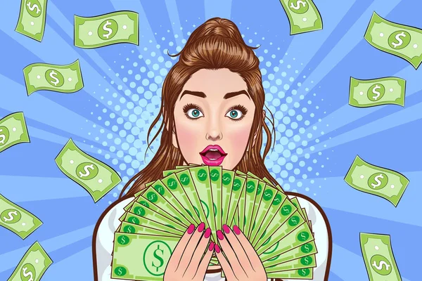 Surprise Business Woman Successful Shocking Falling Money Say Wow Omg — 스톡 벡터