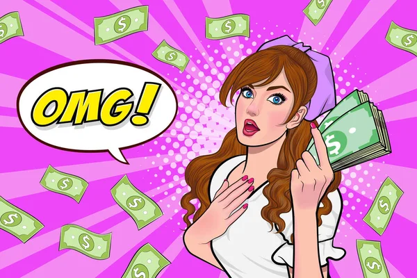 Surprise Business Woman Successful Shocking Falling Money Say Wow Omg — Vetor de Stock