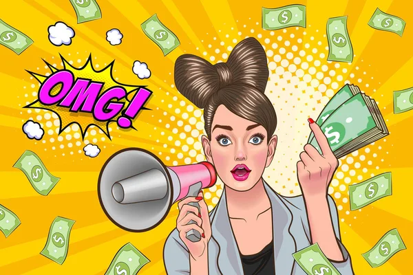 Surprise Shocking Successful Business Woman Holding Megaphone Falling Money Say — Vector de stock