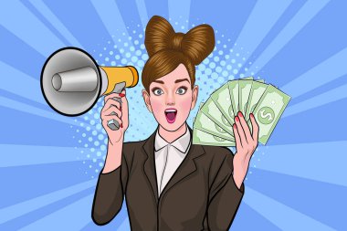 surprise shocking successful business woman holding megaphone and Falling Money say WOW OMG Pop art retro comic style