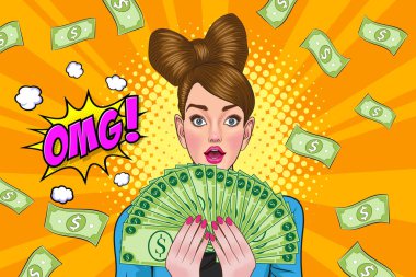 surprise business woman successful and shocking with Falling Money say WOW OMG Pop art retro comic style