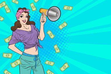 surprise shocking successful business woman holding megaphone and Falling Money say WOW OMG Pop art retro comic style