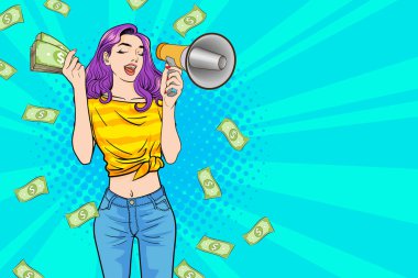 surprise shocking successful business woman holding megaphone and Falling Money say WOW OMG Pop art retro comic style