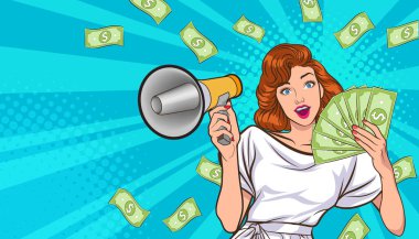 surprise shocking successful business woman holding megaphone and Falling Money say WOW OMG Pop art retro comic style
