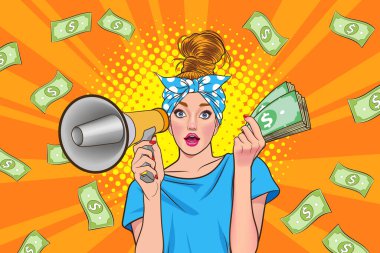 surprise shocking successful business woman holding megaphone and Falling Money say WOW OMG Pop art retro comic style