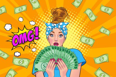 surprise business woman successful and shocking with Falling Money say WOW OMG Pop art retro comic style