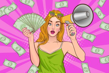 surprise shocking successful business woman holding megaphone and Falling Money say WOW OMG Pop art retro comic style