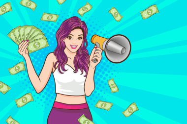 surprise shocking successful business woman holding megaphone and Falling Money say WOW OMG Pop art retro comic style