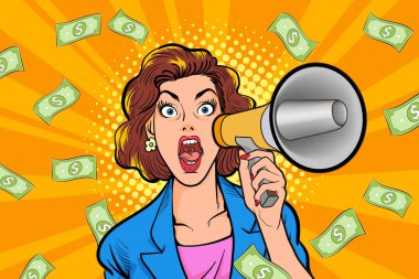 surprise shocking successful business woman holding megaphone and Falling Money say WOW OMG Pop art retro comic style
