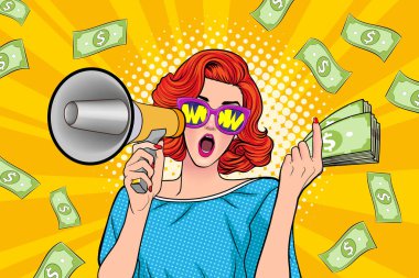 surprise shocking successful business woman holding megaphone and Falling Money say WOW OMG Pop art retro comic style
