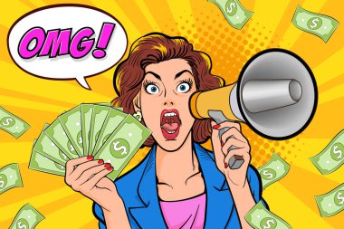 surprise shocking successful business woman holding megaphone and Falling Money say WOW OMG Pop art retro comic style