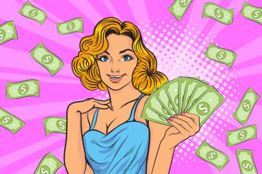 surprise business woman successful and shocking with Falling Money say WOW OMG Pop art retro comic style