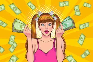 surprise business woman successful and shocking with Falling Money say WOW OMG Pop art retro comic style