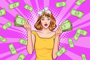 surprise business woman successful and shocking with Falling Money say WOW OMG Pop art retro comic style