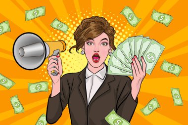 surprise shocking successful business woman holding megaphone and Falling Money say WOW OMG Pop art retro comic style