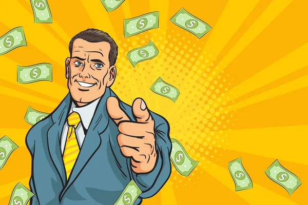 Surprise Business Man Successful Shocking Falling Money Pop Art Retro — Image vectorielle