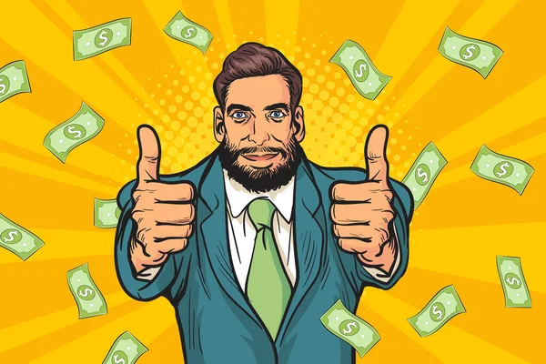 Surprise Business Man Successful Shocking Falling Money Pop Art Retro — Wektor stockowy